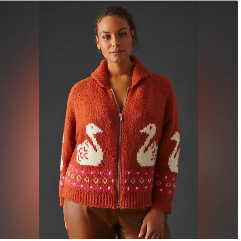 Anthropologie Rust and White Swan Cardigan - Picture 7 of 8